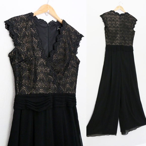 Tadashi Shoji Bridal Mikado Jumpsuit 6 Black Lace Overlay Chiffon Wide Leg $490 - Picture 6 of 16